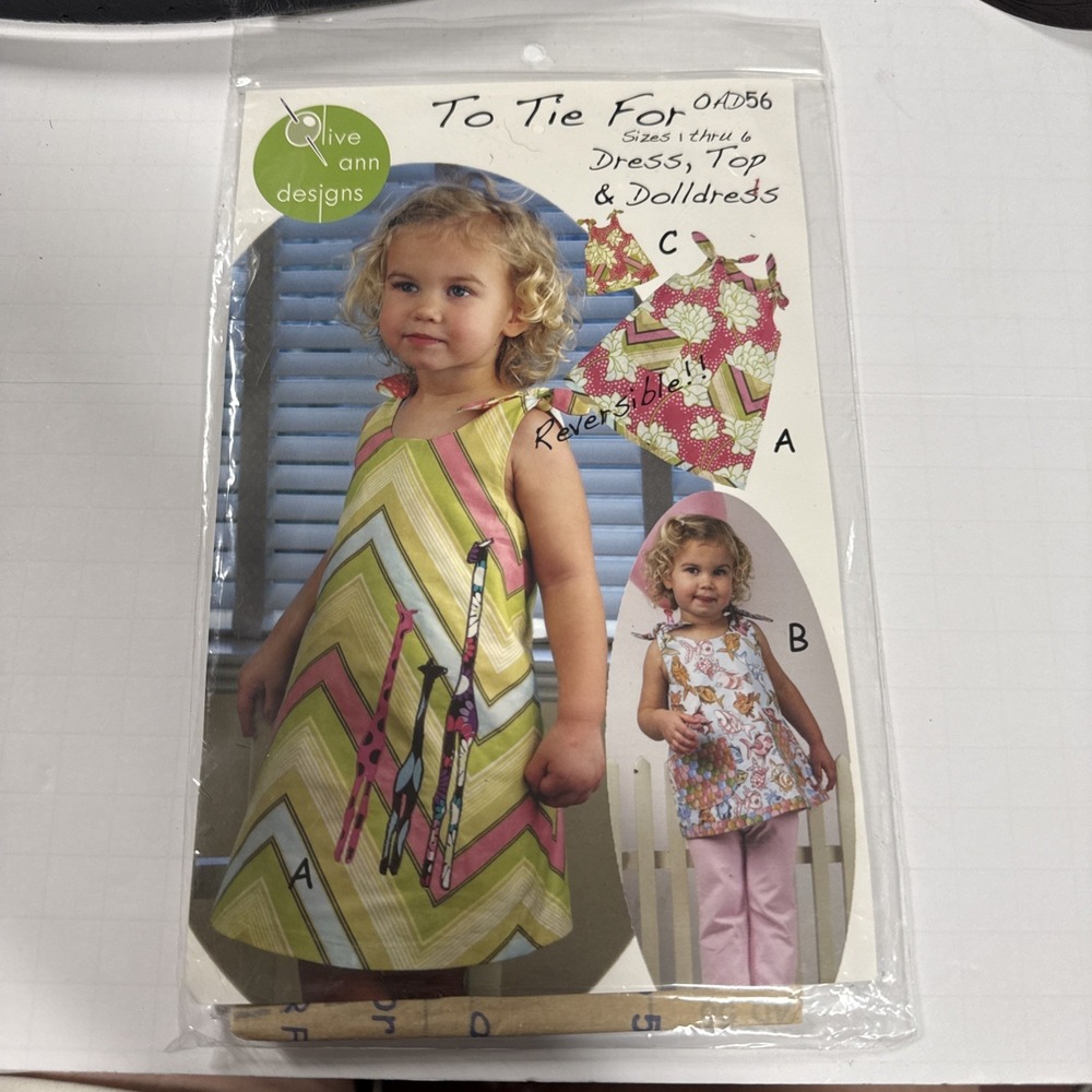 Olive Ann Designs Toddler Girl Dress Pattern Top Tunic Tie Shoulder Sz1-6 NOS...